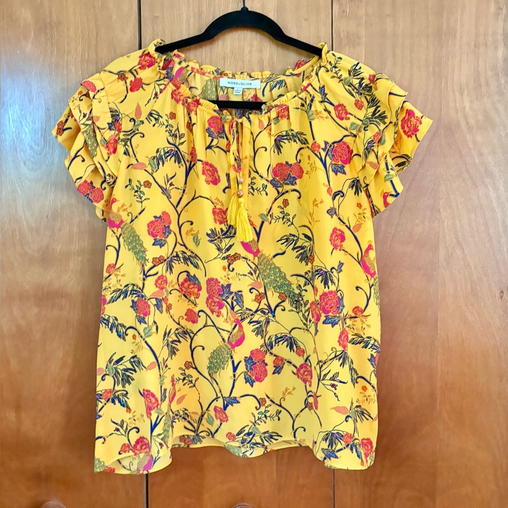 Rose+Olive Vibrant Yellow Peasant Top Ruffle Sleeves Pink/Blue/Purple/Green M/L